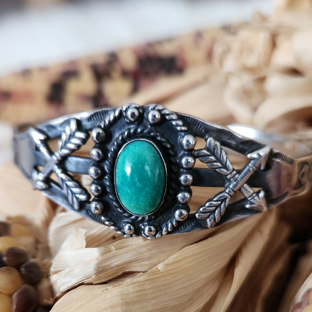 Cool Vintage Native American Turquoise Fred Harvey Cuff Bracelet 💚🎁🩶